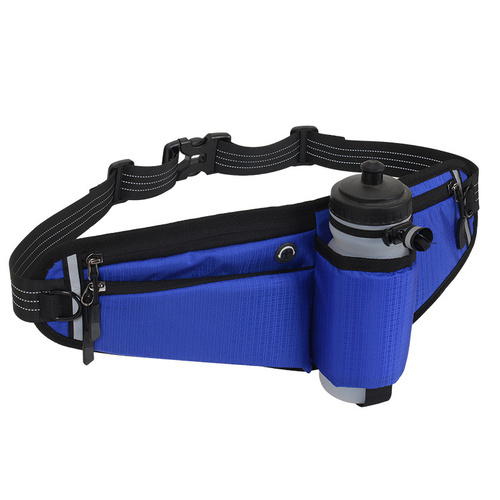 Blue Adjustable Running Waist Pack with Water Bottle Holder, Reflective Design, and Multiple Storage Pockets for Outdoor Activities - Main Image