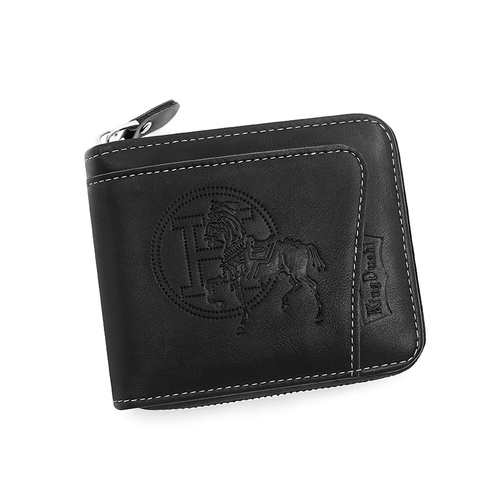 Black Men's Leather Wallet with Zipper and Horse Embossed Design -  Compact and Stylish - Main Image