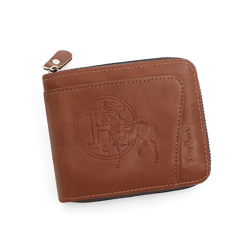 Brown Men's Leather Wallet with Zipper and Horse Embossed Design -  Compact and Stylish - Main Image