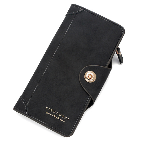 Black Women's Long Zipper Wallet with Button Closure - PU Leather Multi-Compartment Clutch Purse - Main Image