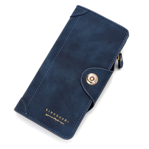 Blue Women's Long Zipper Wallet with Button Closure - PU Leather Multi-Compartment Clutch Purse - Main Image
