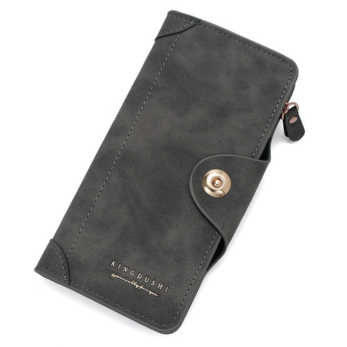 Grey Women's Long Zipper Wallet with Button Closure - PU Leather Multi-Compartment Clutch Purse - Main Image