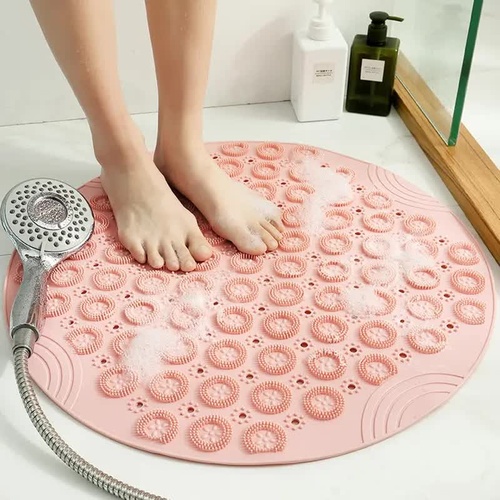 Pink Non-Slip Round Shower Foot Scrubber Mat - Soft Silicone Massage Pad for Foot Cleaning - Main Image