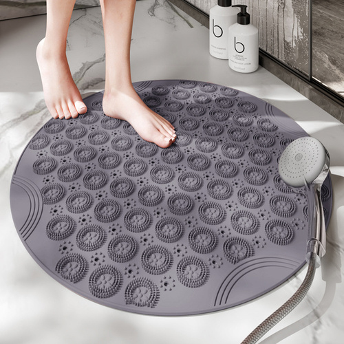Grey Non-Slip Round Shower Foot Scrubber Mat - Soft Silicone Massage Pad for Foot Cleaning - Main Image