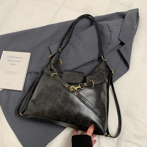 Black Elegant Faux Leather Shoulder Bag with Adjustable Strap - Main Image