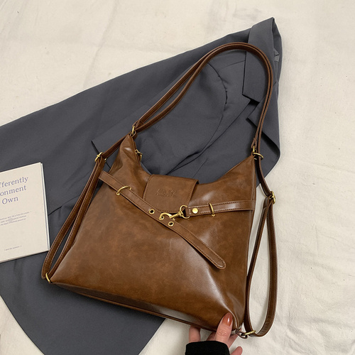Brown Elegant Faux Leather Shoulder Bag with Adjustable Strap - Main Image