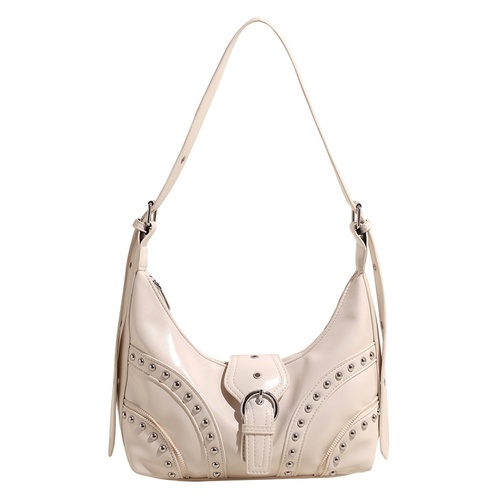 White Vintage Studded PU Leather Shoulder Bag with Adjustable Strap - Main Image