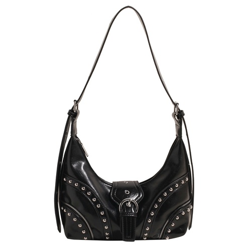 Black Vintage Studded PU Leather Shoulder Bag with Adjustable Strap - Main Image