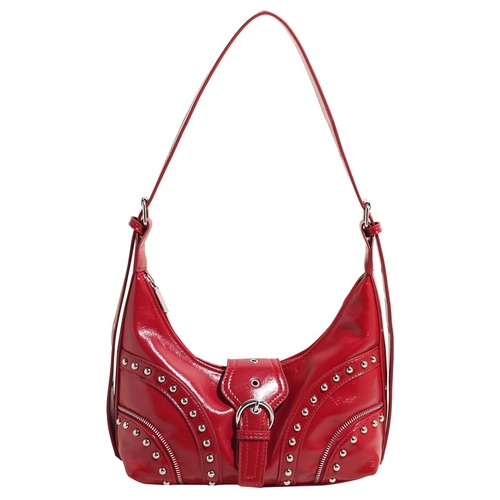 Red Vintage Studded PU Leather Shoulder Bag with Adjustable Strap - Main Image