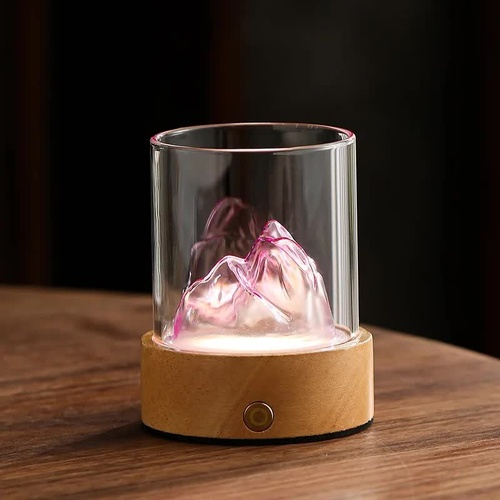 Pink LED Glass Night Light with Mountain Design, USB Rechargeable - Main Image