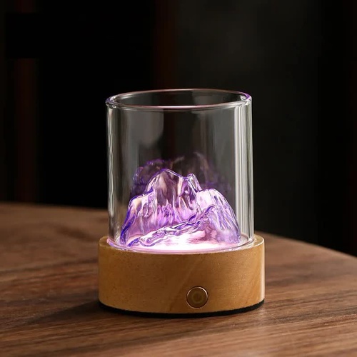 Purple LED Glass Night Light with Mountain Design, USB Rechargeable - Main Image