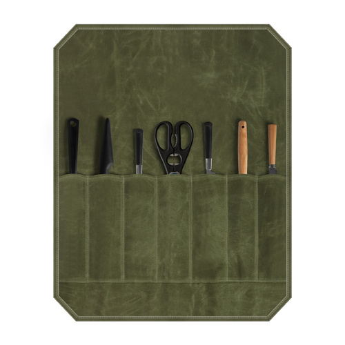 Green Durable Waxed Canvas Knife Roll Bag - Portable Chef Tool Organizer - Main Image