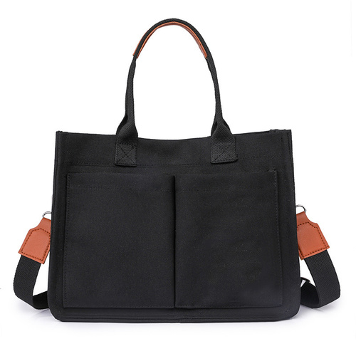 Black Stylish Canvas Briefcase Tote Bag with Large Capacity for Women - Main Image