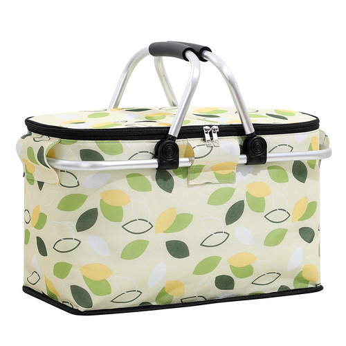 Green Leaves Portable Aluminum Foil Insulated Picnic Basket with Zipper Lid, 40x20x23cm - Main Image
