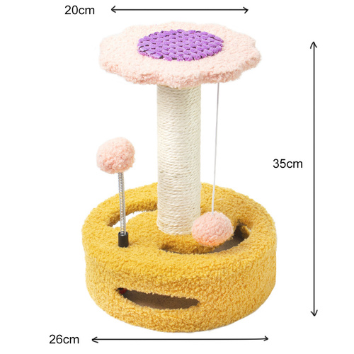 Yellow-pink Interactive Cat Scratching Post with Playful Ball Toys, Flower Design - 35cm Height, 26cm Base - Main Image