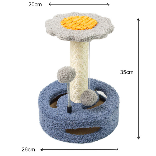 Blue-grey Interactive Cat Scratching Post with Playful Ball Toys, Flower Design - 35cm Height, 26cm Base - Main Image