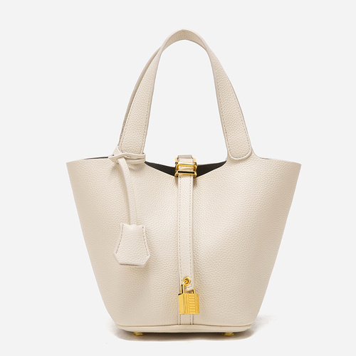 Beige Elegant Women's Leather Tote Handbag with Gold Lock Detail - Main Image