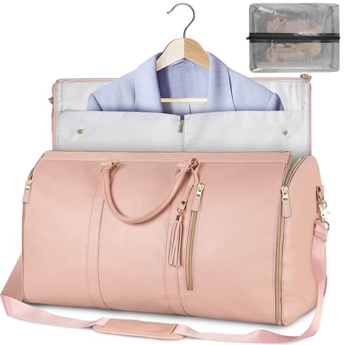 Pink Convertible Garment Duffel Bag with Leather Accents - Travel Weekender Bag for Suits and Dresses - Main Image
