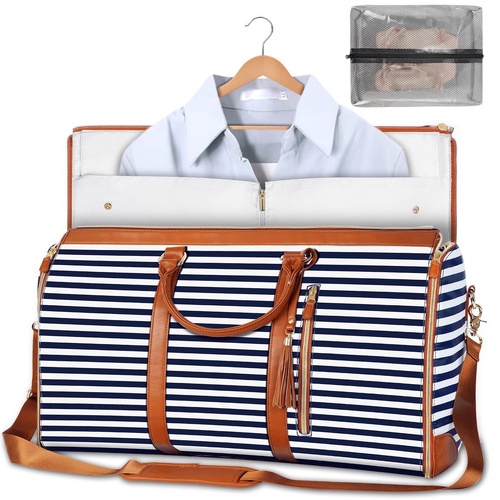 Blue Stripe Convertible Garment Duffel Bag with Leather Accents - Travel Weekender Bag for Suits and Dresses - Main Image