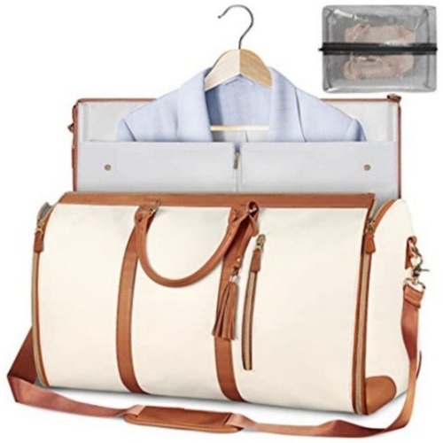 Beige Convertible Garment Duffel Bag with Leather Accents - Travel Weekender Bag for Suits and Dresses - Main Image