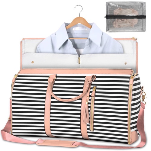 Black Stripe Convertible Garment Duffel Bag with Leather Accents - Travel Weekender Bag for Suits and Dresses - Main Image
