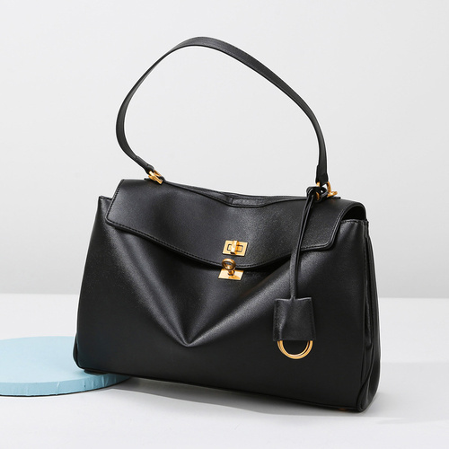 Elegant Black Leather Handbag with Gold Accents - Versatile Shoulder and Hand Carry - Main Image