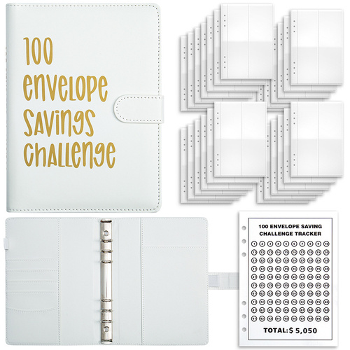 White 100-Day Savings Challenge Cash Binder with Tracker and Refillable Notebook - Main Image