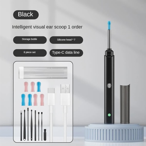 Black Smart Visual Ear Cleaner with 7 Silicone Tips and Type-C Charging Cable - Main Image