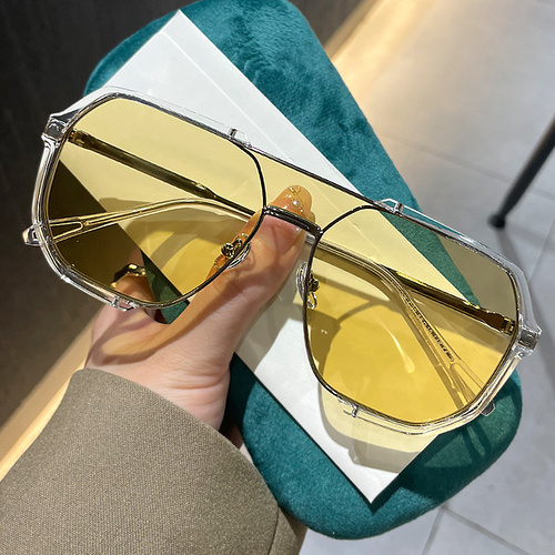 Transparent White and Yellow Tablets Unisex Oversized Aviator Metal Frame Sunglasses - Retro Fashion Eyewear with AC Lenses - Main Image