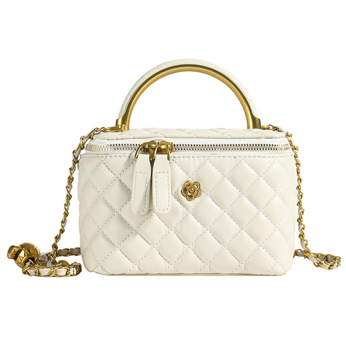 White Luxury Quilted Mini Box Handbag with Chain Strap and Metal Handle - Elegant Evening Purse - Main Image