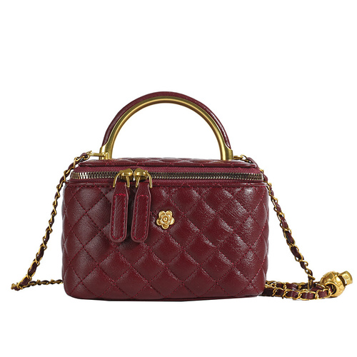 Wine Red Luxury Quilted Mini Box Handbag with Chain Strap and Metal Handle - Elegant Evening Purse - Main Image