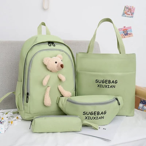 Green Cute Little Bear Girls' Backpack Set - Korean Style Large Capacity School Bag for High School & Middle School Students, 4-Piece Set - Main Image