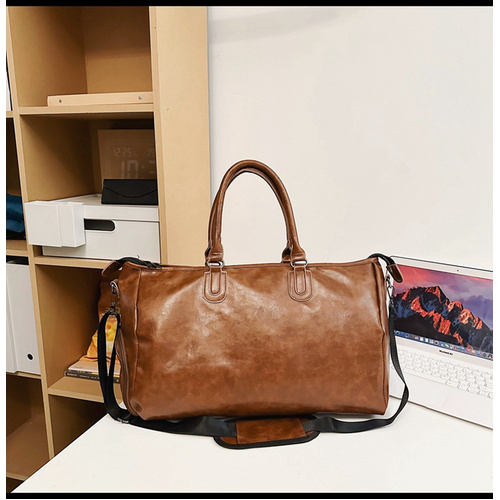 Brown Solid Color Unisex Large Capacity Fitness Bag - Leather Sports Bag, Crossbody Travel Bag, Gym and Luggage Handbag - Main Image