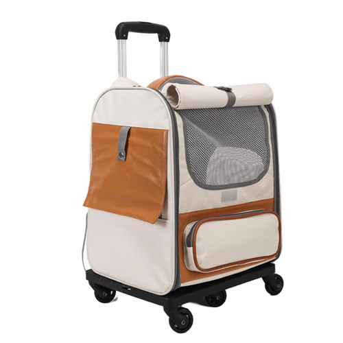 Off-white Large Capacity Breathable Foldable Pet Trolley - Travel Cat Carrier with Wheels, Portable, Spacious, and Convenient for Two Cats - Main Image