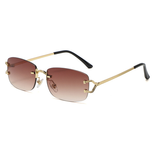 Light Brown Stylish Frameless Diamond-Cut Sunglasses with Metallic Temples - Trendy Line-Design Fashion Eyewear - Main Image