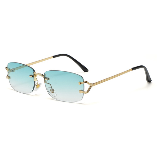 Light Green Stylish Frameless Diamond-Cut Sunglasses with Metallic Temples - Trendy Line-Design Fashion Eyewear - Main Image