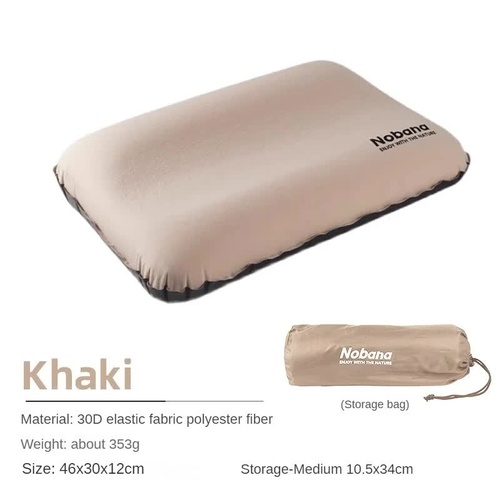 Khaki Automatic Inflatable 3D Outdoor Sponge Pillow - Portable Camping Travel Neck Cushion, Comfortable Air Mattress for Tent, Versatile Nap Pillow - Main Image