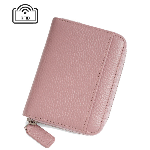 Pink Genuine Leather Women’s Wallet – Short Accordion Card Holder with RFID Protection, Zippered Coin Purse in Cowhide Leather, Japanese Style - Main Image