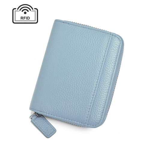 Blue Genuine Leather Women’s Wallet – Short Accordion Card Holder with RFID Protection, Zippered Coin Purse in Cowhide Leather, Japanese Style - Main Image