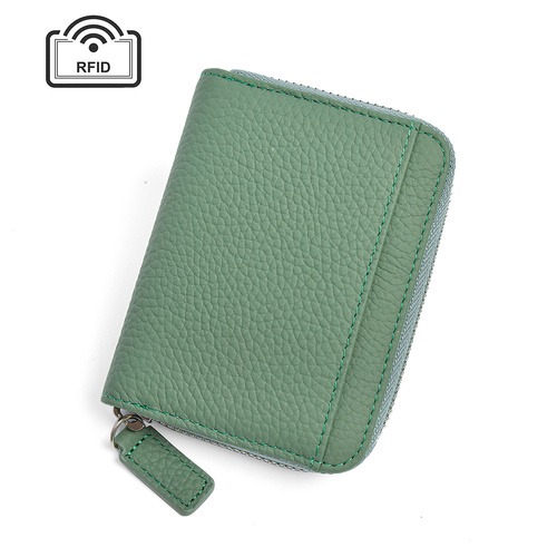 Green Genuine Leather Women’s Wallet – Short Accordion Card Holder with RFID Protection, Zippered Coin Purse in Cowhide Leather, Japanese Style - Main Image