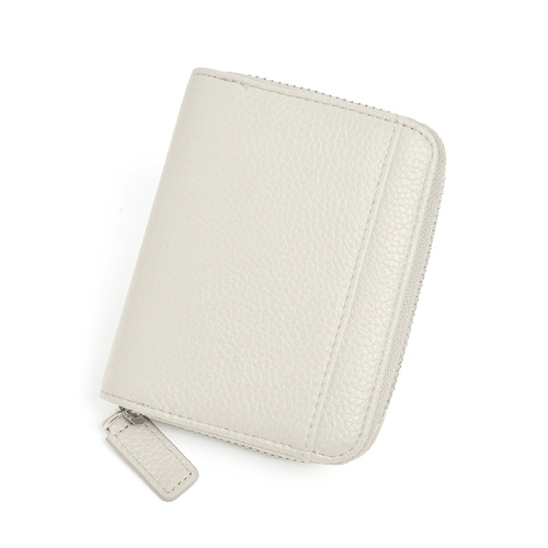 White Genuine Leather Women’s Wallet – Short Accordion Card Holder with RFID Protection, Zippered Coin Purse in Cowhide Leather, Japanese Style - Main Image