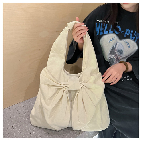 White Women's Bowknot Shoulder Bag - New Sweet Style, Large Capacity Canvas Tote Bag, Commuter Single Shoulder Handbag - Main Image