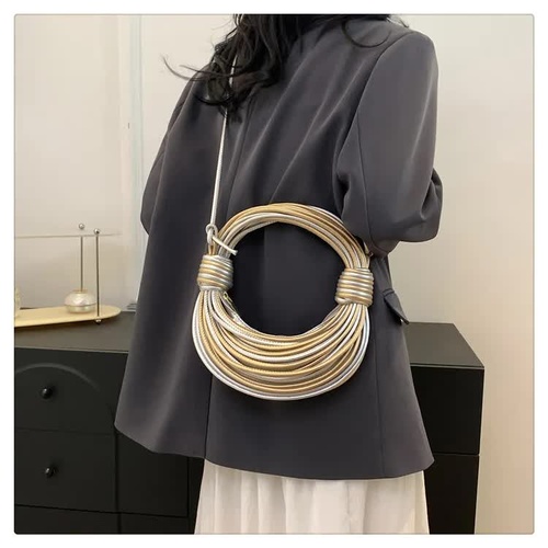 Golden And Sliver Fashionable Candy Color Handbag - Crossbody Women's Woven Bag with Unique Line Design - Main Image