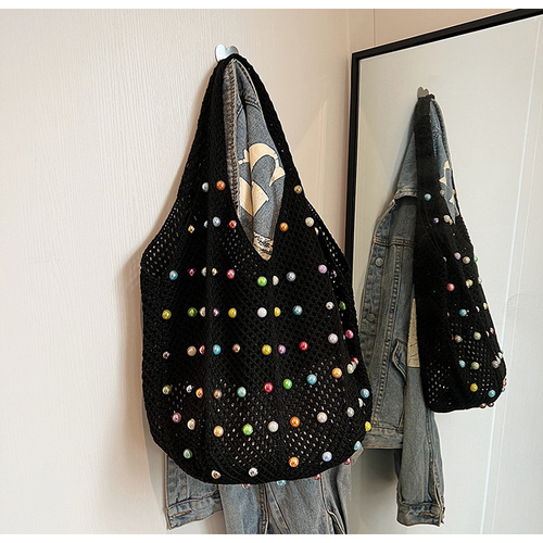 Black Summer Woven Handbag - Hollow Straw Beach Tote with Colorful Beads, Lazy Style, Large Capacity Shoulder Bag for Vacation - Main Image