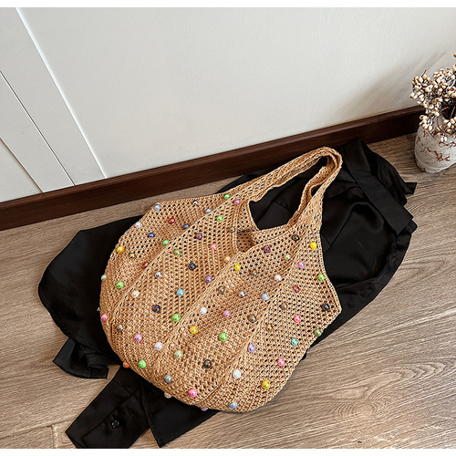 Brown Summer Woven Handbag - Hollow Straw Beach Tote with Colorful Beads, Lazy Style, Large Capacity Shoulder Bag for Vacation - Main Image