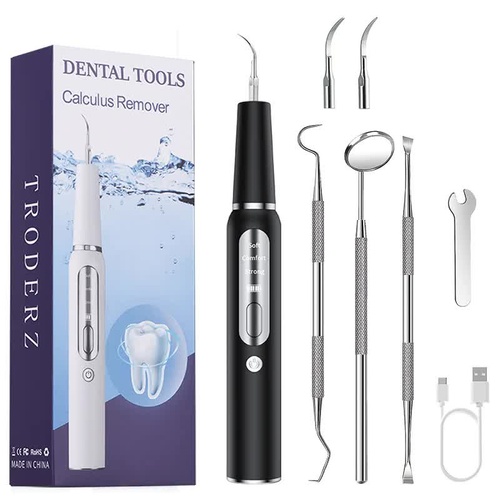 Black Portable Ultrasonic Dental Cleaner, Home Use Plaque Remover, Sonic Tooth Stain & Tartar Cleaning Tool - Main Image