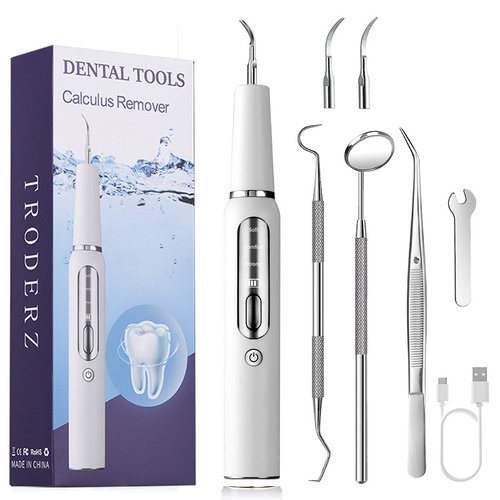 White Portable Ultrasonic Dental Cleaner, Home Use Plaque Remover, Sonic Tooth Stain & Tartar Cleaning Tool - Main Image