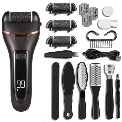 Black 10 Pcs Suit Electric Foot Callus Remover with LCD Display | Waterproof Pedicure Set | Dual-Speed Dead Skin Exfoliator for Smooth Feet - Main Image