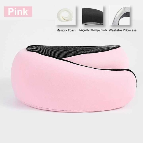 Pink Velcro Tape Memory Foam U-Shaped Neck Pillow - Snail Travel Cushion for Airplane, Office Nap, and Travel - Adjustable with Magnetic Therapy Cloth - Main Image