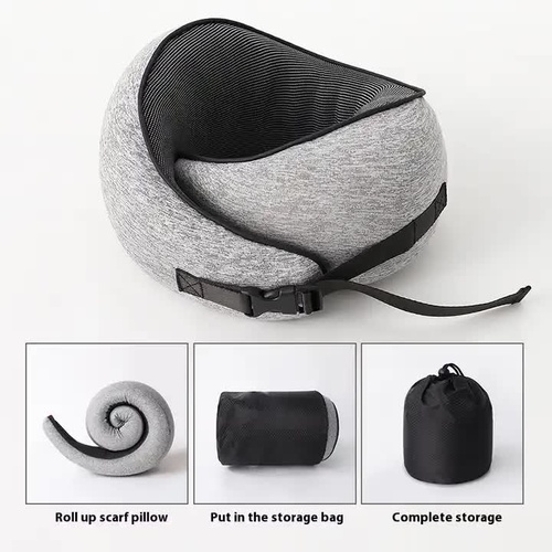 Light Gray Buckle Tape Memory Foam U-Shaped Neck Pillow - Snail Travel Cushion for Airplane, Office Nap, and Travel - Adjustable with Magnetic Therapy - Main Image